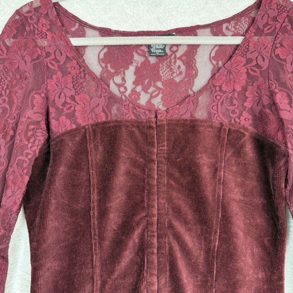 Moda International Burgundy Lace Velvet Long Sleeve Top - Picture 2 of 13